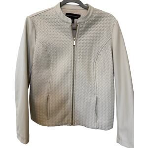 Colleen Lopez Cream Vegan Faux Leather Jacket Women's Medium Basket Weave Twee